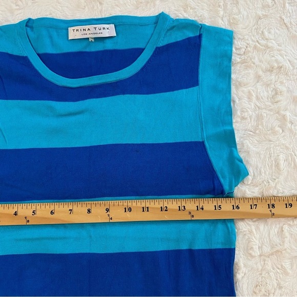 Trina Turk Women's Top Small Petite Blue Striped Cotton Blend Short Sleeve‎ - Picture 7 of 8